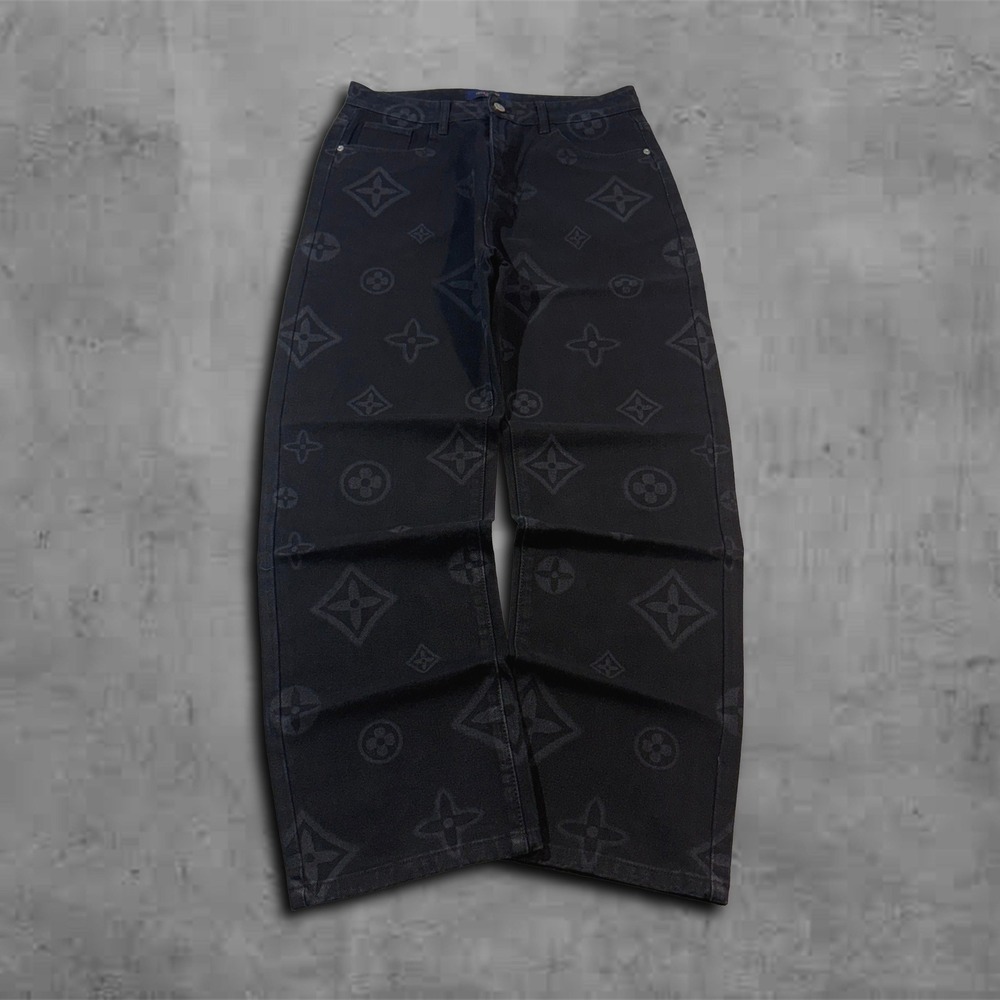 Black Baggy Louis Vuitton Monogram Style Denim Jeans - Picture 2 of 12